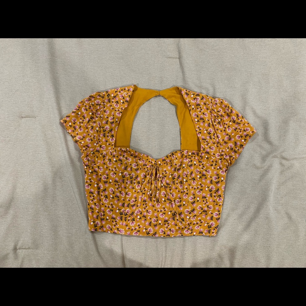 Mustard Yellow Floral Crop Shirt, Medium